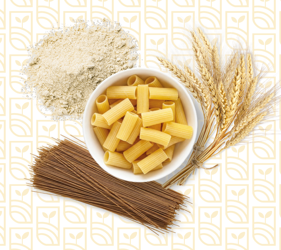 Pasta, farina e spighe di grano